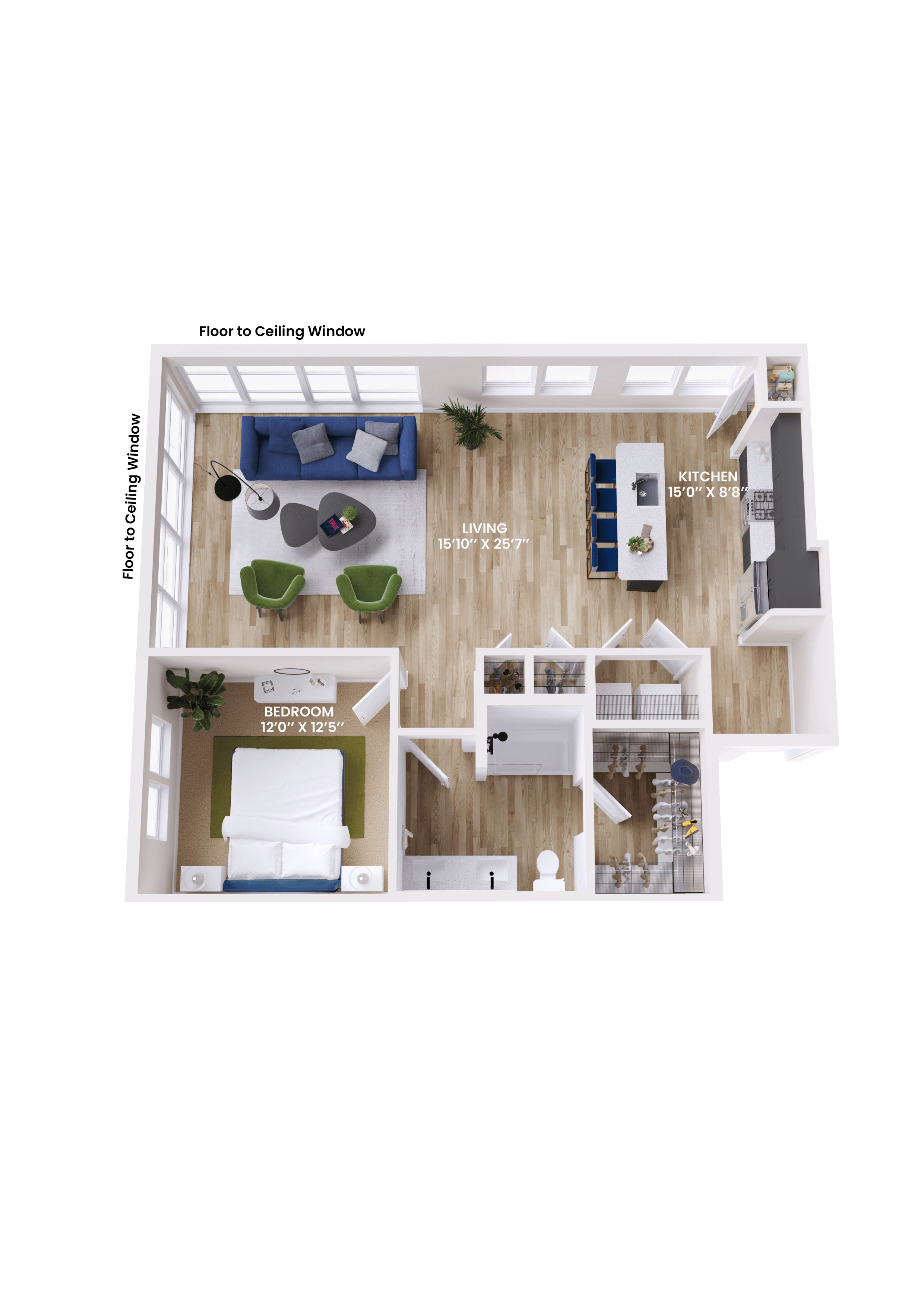 Floor plan for 1 bed, 1 bath, 997 sqft